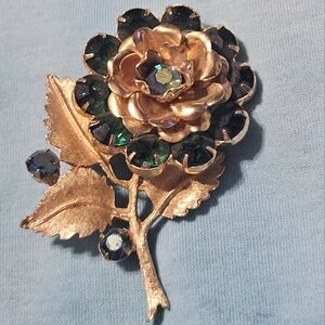 Vintage Gold and Green Jeweled Brooch with Floral Design 2.5"x2" Size Classic